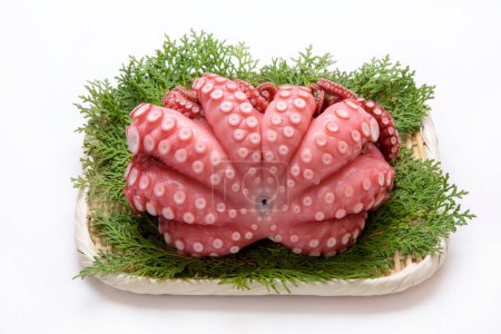 Téléchargez les photos : Assiette avec une grande pieuvre crue et des feuilles vertes - en image libre de droit