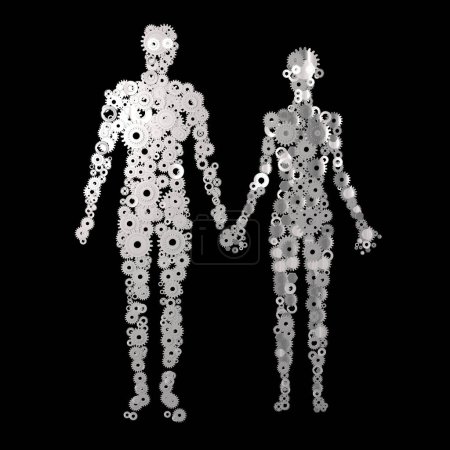 3d rendering, par de modelos humanos hechos de engranajes, concepto de bioingeniería