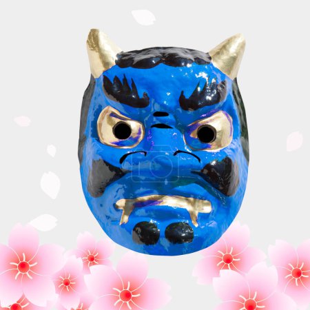 Masque japonais démon avec fleurs sakura sur fond