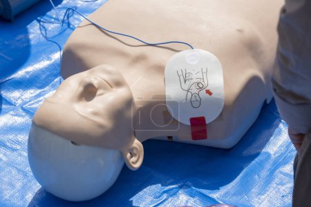 Photo for CPR training medical procedure - Demonstrating chest compressions on CPR doll - Royalty Free Image