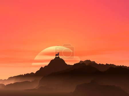 Téléchargez les photos : Illustration scénique du beau coucher de soleil sur les montagnes avec chèvre de montagne sur le dessus - en image libre de droit