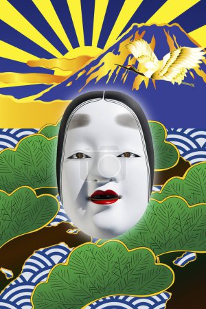 Photo for Digital collage image with traditional Japanese theatre mask - Royalty Free Image