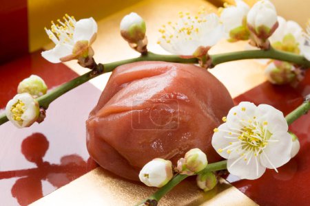 Téléchargez les photos : Umeboshi, prunes japonaises marinées et fleurs de sakura - en image libre de droit