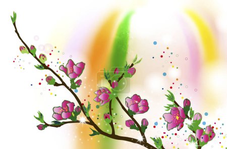 Téléchargez les photos : Branches de cerisier avec des fleurs roses sur fond coloré - en image libre de droit