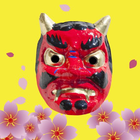 Máscara de demonio japonesa con flores de sakura en el fondo