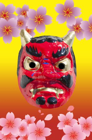 Japanese demon mask  with sakura flowers on  background