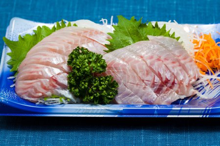 Photo for Fresh fish sashimi on plate on background, close up - Royalty Free Image