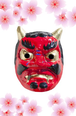 Foto de Máscara de demonio japonesa con flores de sakura en el fondo - Imagen libre de derechos