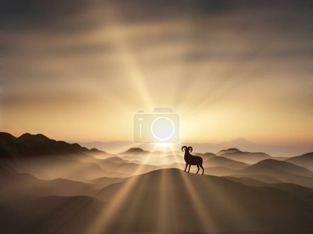 Téléchargez les photos : Illustration scénique du beau coucher de soleil sur les montagnes avec chèvre de montagne sur le dessus - en image libre de droit