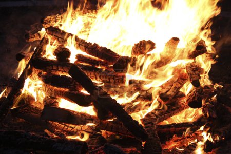 Photo for Burning firewood in fire at night, close-up - Royalty Free Image
