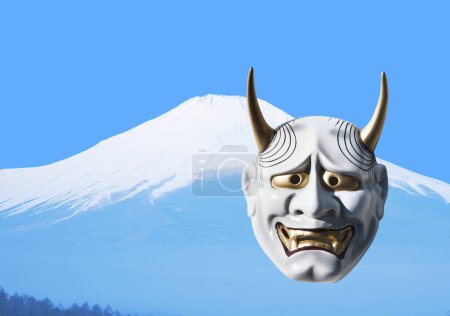Téléchargez les photos : Image numérique de collage avec masque traditionnel japonais de théâtre de démons - en image libre de droit