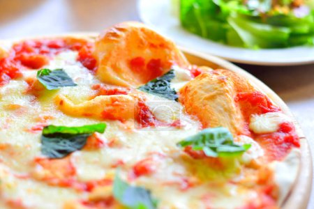 Téléchargez les photos : Pizza italienne avec mozzarella, tomates et feuilles de basilic - en image libre de droit
