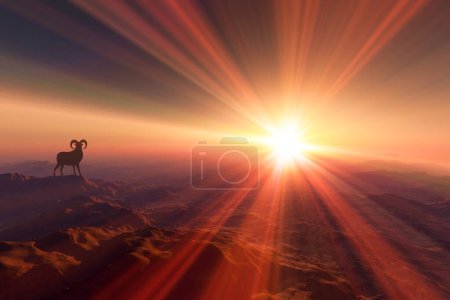 Foto de Ilustración escénica de la hermosa puesta de sol sobre las montañas con cabra de montaña en la parte superior - Imagen libre de derechos