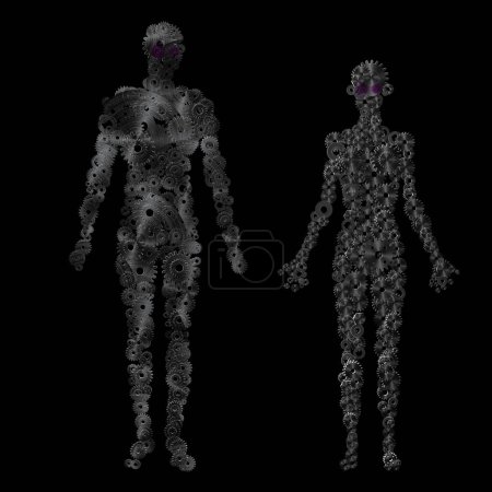Téléchargez les photos : Rendu 3d, deux modèles humains en engrenages, concept de bio-ingénierie - en image libre de droit