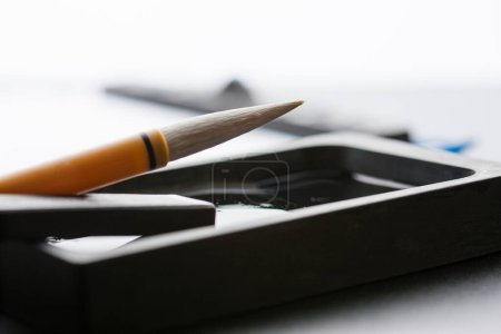 traditional writing brush, Japanese writing brush on background, close up