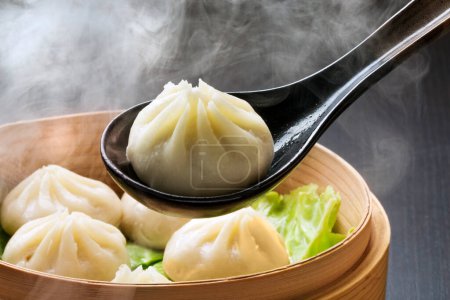 Foto de Deliciosos dumplings con carne y verduras en el fondo - Imagen libre de derechos