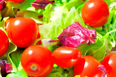 Foto de Fondo de verduras frescas, tomates cherry maduros y hojas de lechuga - Imagen libre de derechos