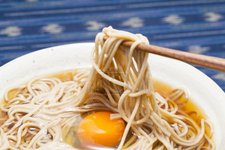 Photo for Soba noodles with raw egg, traditional Japanese food - Royalty Free Image