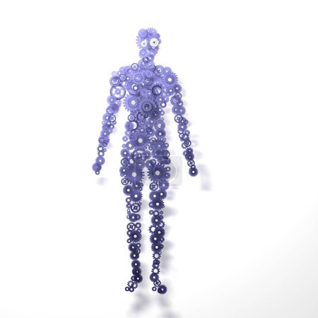 3D-Darstellung des menschlichen Modells aus Zahnrädern, Konzept des Bioengineering
