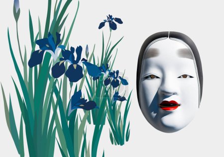 Téléchargez les photos : Image numérique de collage avec masque de théâtre japonais traditionnel - en image libre de droit