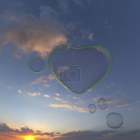Photo for Sunset sky background and heart shaped bubbles - Royalty Free Image