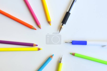 Photo for Colorful pencils and pens on white background - Royalty Free Image