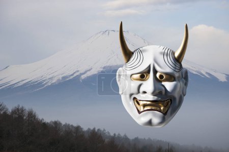 Photo for Digital collage image with traditional Japanese demon theatre mask - Royalty Free Image