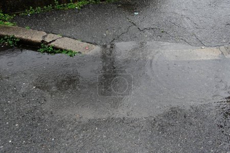 Téléchargez les photos : Eau de pluie sur route asphaltée en arrière-plan, gros plan - en image libre de droit