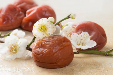 Téléchargez les photos : Savoureuse cuisine japonaise Umeboshi, prunes et fleurs de sakura - en image libre de droit