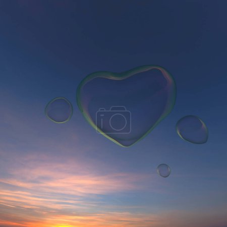 Foto de Atardecer cielo fondo y corazón en forma de burbujas - Imagen libre de derechos