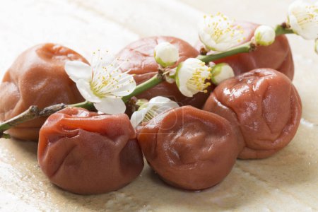 Téléchargez les photos : Savoureuse cuisine japonaise Umeboshi, prunes et fleurs de sakura - en image libre de droit