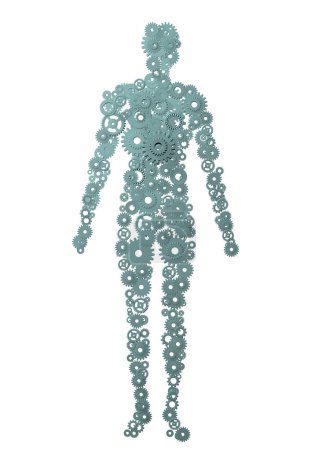 Foto de 3d representación del modelo humano hecho de engranajes, concepto de bioingeniería - Imagen libre de derechos
