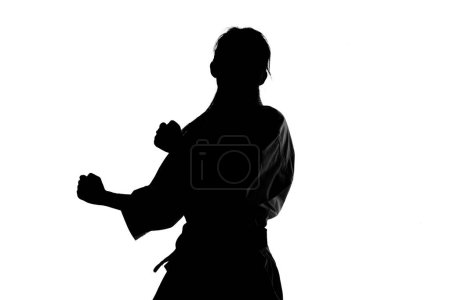Téléchargez les photos : Silhouette de la personne pratiquant les arts martiaux en kimono traditionnel isolé sur fond blanc - en image libre de droit