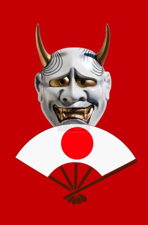 Téléchargez les photos : Image numérique de collage avec masque traditionnel japonais de théâtre de démons - en image libre de droit