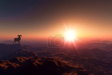 Foto de Ilustración escénica de la hermosa puesta de sol sobre las montañas con cabra de montaña en la parte superior - Imagen libre de derechos