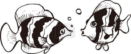 Foto de Ilustración de dibujos animados en blanco y negro de dos divertidos peces nadando - Imagen libre de derechos