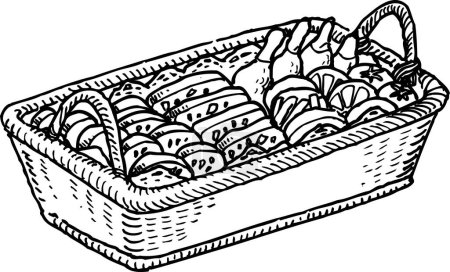Foto de Snacks en canasta de mimbre esquema ilustración, concepto de comida - Imagen libre de derechos