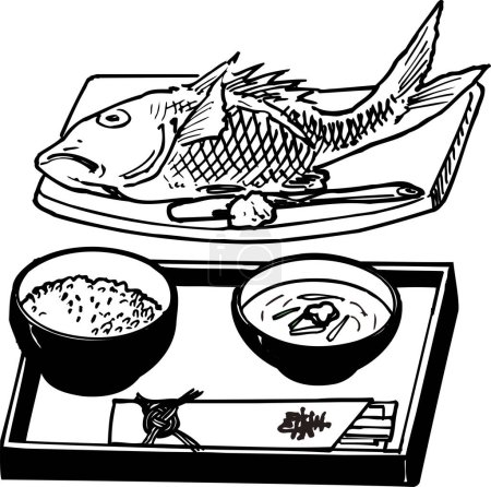 Photo for Japanese dinner with fried fish and rice outline illustration, food concept - Royalty Free Image