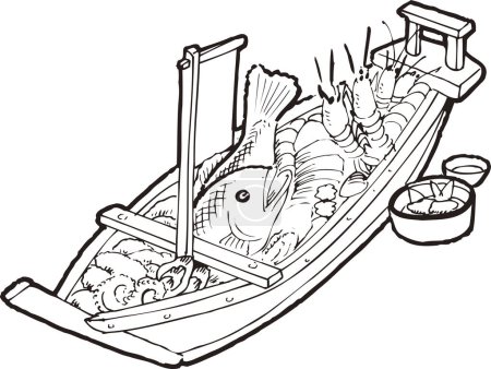 Foto de Placa en forma de barco con la ilustración del esquema de mariscos, concepto de alimentos - Imagen libre de derechos