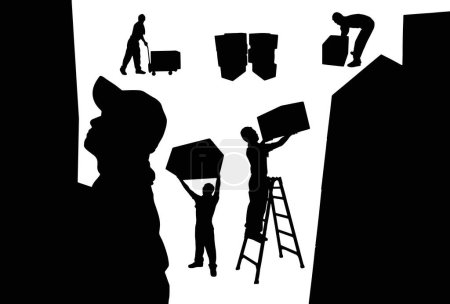 Photo for Silhouettes of warehouse worker with boxes in different poses over white background - Royalty Free Image