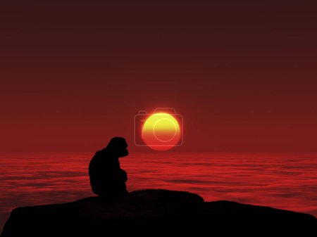 Téléchargez les photos : Silhouette de singe sur la montagne sur fond de coucher de soleil - en image libre de droit