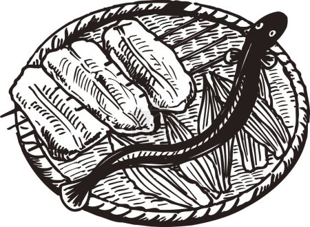 Foto de Anguila y carne en brochetas esbozar ilustración, concepto de alimentos - Imagen libre de derechos