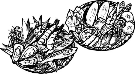 Photo for Plates with seafood and vegetables outline illustration, food concept - Royalty Free Image