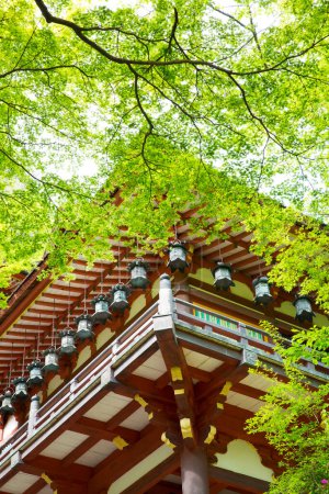 Das Dach der Architektur des Heiligtums mit grünen Zweigen