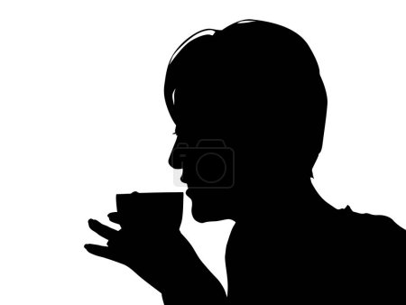 Téléchargez les photos : Noir silhouette de asiatique femme boire tasse de thé sur fond blanc - en image libre de droit