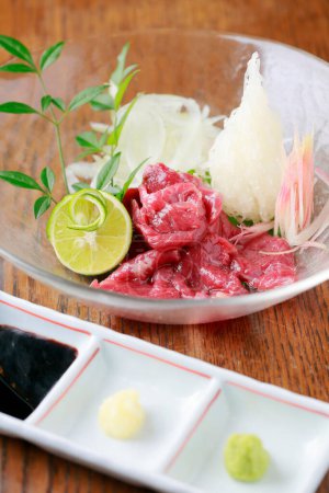Photo for Asian cuisine, marinated raw meat and vegetables - Royalty Free Image