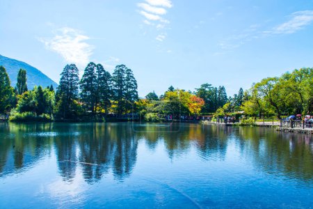 Lake Kinrin with mountain Yufu and blue sky background at Yufuin, Oita, Kyushu, Japan