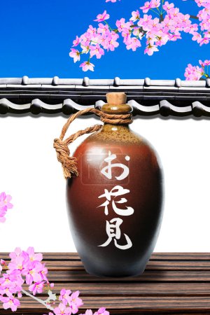 Photo for Close-up view of sake ceramic bottle over blue sky background with blooming cherry tree - Royalty Free Image