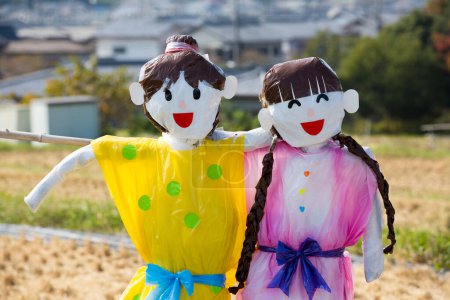 funny Scarecrows in  field in the meadow  in Japan