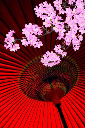 Foto de Paraguas rojo japonés con flor de sakura - Imagen libre de derechos